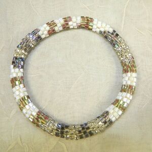 Vintage Loom-Woven Seed Bead Artisan Bracelet Silver White Black Boho Cuff